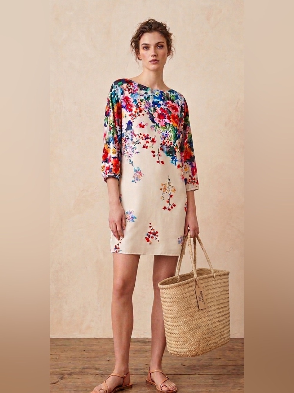 Zara Multicolor Floral Boatneck Mini Dress in Cream Base